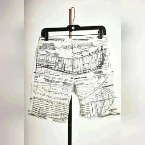 ONIA White Black  Blueprint Architect Drawing Swim Trunk Shorts 29W